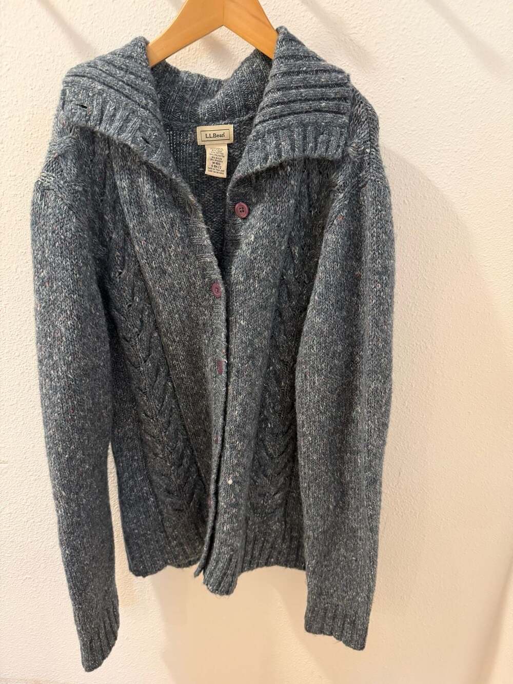 L.L. Bean Women's Marled Blue Cable Knit Button-Front Cardigan Sweater